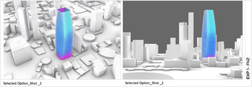 A figure shows two cityscape renderings with a selected design option (phenotype) viewed from different angles and labeled by shot.