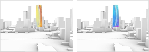 A figure shows two cityscape renderings comparing tower facade analysis options.