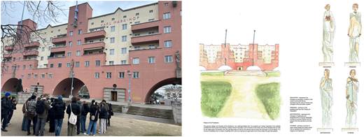 A photo and illustration show the Karl Marx H O F building alongside sketches of its design and symbolic statues.