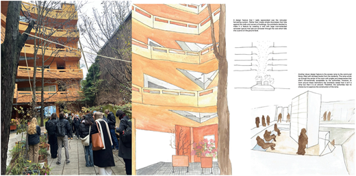 A building photo with balconies is paired with sketches illustrating architectural details and communal space design.