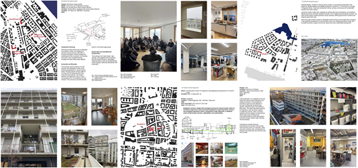 A series of maps, building photos, and diagrams illustrate urban context, interiors, and architectural design features.