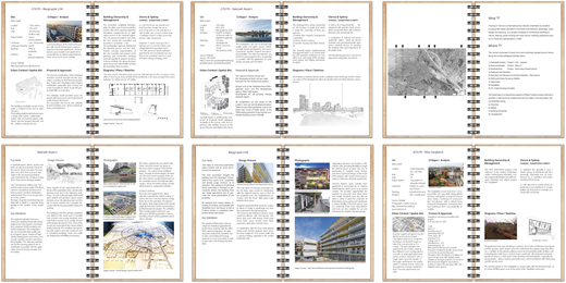 A set of six double-page spreads displays architectural notes, diagrams, maps, and photos of buildings and urban design.