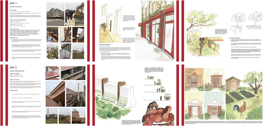 Two rows of pages present site visits, sketches, and design ideas with photos, drawings, and explanatory notes.