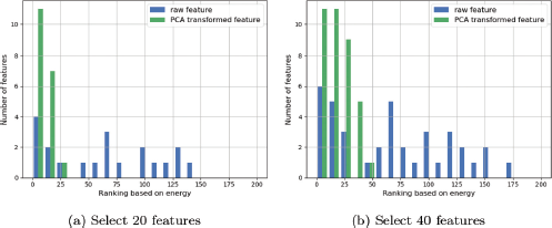 An illustration shows two bar graphs, (a) Select 20 features and (b) Select 40 features, both with Number of features on the vertical axis and Ranking based on energy on the horizontal axis from 0 to 200.
