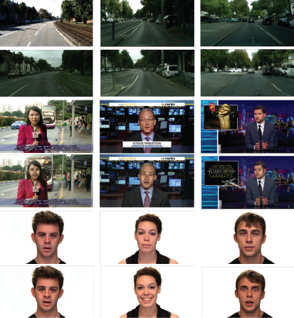 A grid of 12 images arranged in four rows and three columns, showing street scenes in the top two rows, news anchors and reporters in the third and fourth rows, and faces of young adults with various expressions in the bottom two rows.
