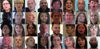 An array of thirty-two facial portraits showing different people with varying expressions and skin tones.
