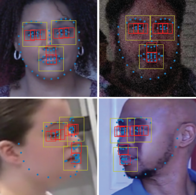 A grid of four images shows different faces with overlaid visual elements. Each face has blue dots indicating facial landmarks. Yellow bounding boxes outline the regions of the eyes and mouth on each face. Red bounding boxes further refine and enclose specific parts within the eye and mouth regions.