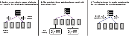 A diagram showing three steps of model sharing: 1. A server sends the initial model to client devices. 2. The clients train the model locally using their private data. 3. The clients send model updates back to the central server.