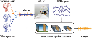 A diagram illustrates a system for neuro-steered speaker extraction. A sound mixture is generated from a Target speaker and Other speakers and is played to a Subject wearing an E E G cap. The E E G cap captures E E G signals. Both the mixture and the E E G signals are fed into a box labeled neuro-steered speaker extraction.