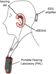 A diagram illustrates the setup of a portable electroencephalography and hearing system on the profile of a person’s head.