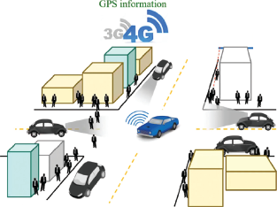 An illustration of a city street scene with buildings, people, and cars.
