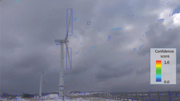 A photo showing a windmill against a cloudy sky. The image is overlaid with many small squares and rectangles, and a color bar is labeled Confidence score ranging from 0.0 to 1.0.