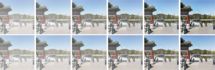 A grid of two rows and five columns showing ten images of a temple and bridge scene.