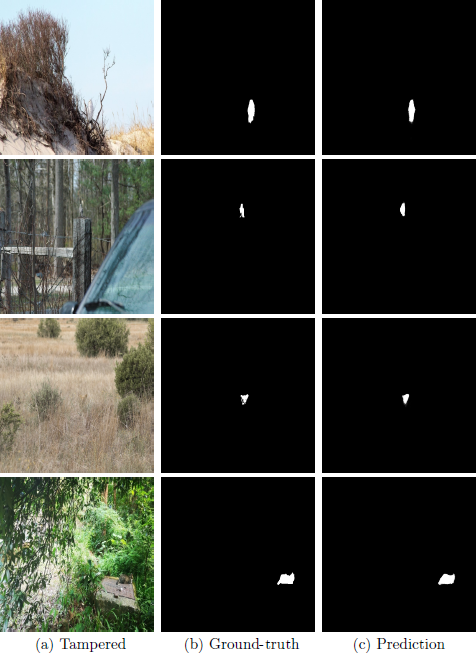 A grid of twelve images in four rows and three columns. Column (a) Tampered shows four photographs. Columns (b) Ground-truth and (c) Prediction show the small white binary masks of the tampered areas against a black background for each of the four examples.