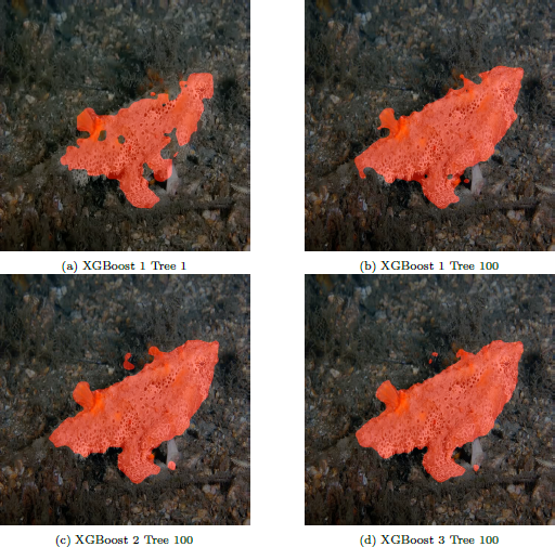 A grid of four images showing a red segmentation mask of an animal on a rocky ocean floor background. The images are labeled (a) X G Boost 1 Tree 1, (b) X G Boost 1 Tree 100, (c) X G Boost 2 Tree 100, and (d) X G Boost 3 Tree 100.