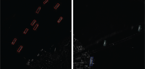 An image displays two deep learning object detection results on dark backgrounds, likely from Synthetic Aperture Radar, S A R, or low-light imagery.
