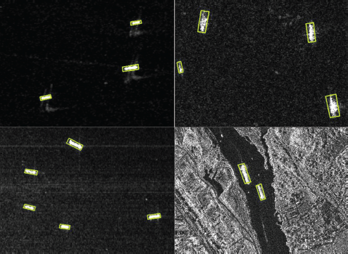 An image displays four examples of object detection results across different dark backgrounds, likely from Synthetic Aperture Radar, S A R, or low-light imagery.
