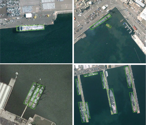 An image displays four examples of object detection results on aerial or satellite imagery of harbors and docks.