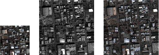 An illustration displays three aerial images of a dense urban area showing buildings and streets, arranged from left to right.