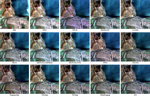 An image showing a three row and five column grid of image results from different methods, all displaying a top down view of a rural or field area with a curving road.
