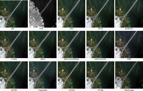 An image showing a three row and five column grid of image results from different methods, all displaying a top down view of a body of water with a bridge or causeway crossing it, with some land visible, except for the P A N image which is grayscale.