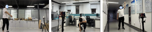 A collection of three photographs of a person performing actions in different indoor settings.