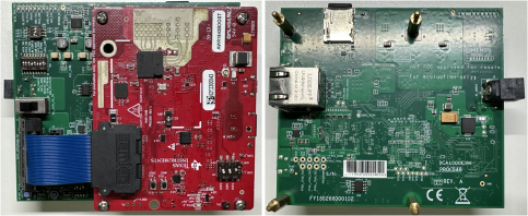 A photograph showing two printed circuit boards, possibly a radar sensor module and its baseboard, side by side.