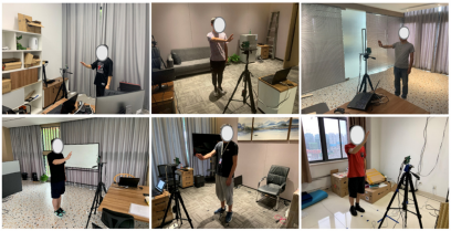 A collection of six photographs showing people performing actions in different indoor settings, each person’s face obscured by a white circle.