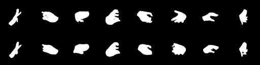 A diagram showing two horizontal rows of eight white hand silhouettes.