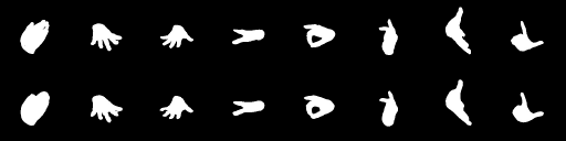 A diagram showing two horizontal rows of eight white hand silhouettes.