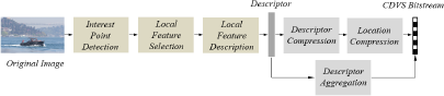 A block diagram shows an Original Image inputting to Interest Point Detection, followed by Local Feature Selection, followed by Local Feature Description.