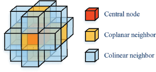 An illustration of a three dimensional neighborhood shows a central red cube labeled Central node surrounded by yellow cubes labeled Coplanar neighbor and light blue cubes labeled Colinear neighbor.