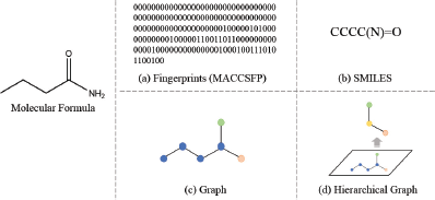 A diagram shows four ways to represent a chemical structure: (a) Fingerprints (M A C C S F P) as a list of binary strings next to a Molecular Formula structure; (b) S M I L E S as the text C C C C (N) equals O; (c) Graph as a node-edge diagram; and (d) Hierarchical Graph as a multi-level node-edge diagram.