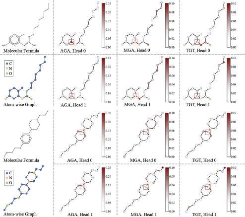 A grid of images shows attention heatmaps for two different molecules.