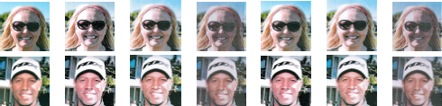 An image array showing two rows, each containing seven photographs of a person’s face. The top row shows a woman with sunglasses and a headband. The bottom row shows a man wearing a baseball cap and sunglasses. The images within each row alternate between a cleaner image and a noisier, more distorted image.