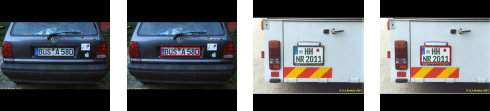 An image array showing two pairs of photographs of the rear of vehicles with license plates. The first pair shows the back of a dark gray car with the license plate B U S asterisk A 5 8 0, where the second photograph has a red box drawn around the license plate. The second pair shows the back of a white vehicle with yellow and red diagonal hazard stripes and the license plate H H asterisk N R 2 0 1 1, where the fourth photograph has a red box drawn around the license plate.