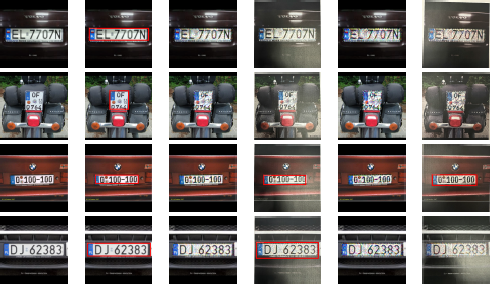 An image array showing four rows, each containing six photographs of vehicle license plates.