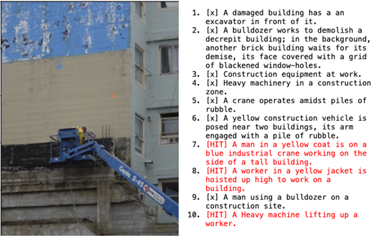 A construction scene shows a worker raised on a blue lifting platform beside a tall, worn building, with demolition or repair activity underway.