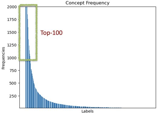 A bar chart shows concept frequency by label, with a steep decline from the highest values and the top 100 concepts highlighted on the left.