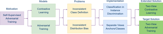 A flowchart links self-supervised adversarial training to contrastive learning and adversarial training, identified problems, implementations, and two-view solutions.