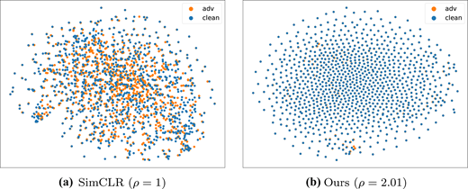 Two scatter plots compare adversarial and clean samples for Sim C L R with rho 1 and Ours with rho 2.01.