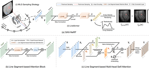 A S A X N e R F framework showing M L G sampling, Lineformer, L S A B, and line segment-based multi-head self-attention.