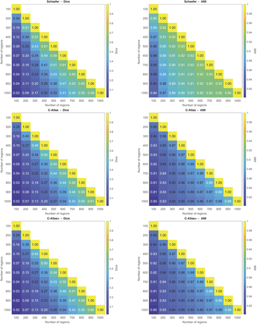 Six heatmaps compare Dice and A M I similarities across 100 to 1000 regions for Schaefer, C Atlas and C Atlas plus.