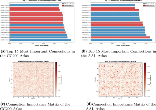 A top 15 R O I connections by mean S H A P value in C C 200 and A A L atlases, with corresponding connection importance matrices.