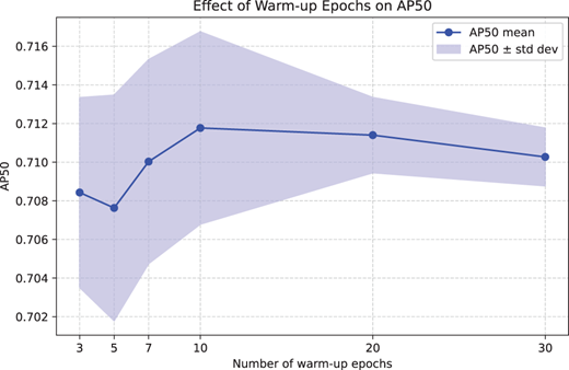 A line chart plots A P 5 0 mean by warm-up epochs, with values rising to 10 epochs and then decreasing slightly.
