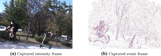 Two panels showing a cyclist riding in a park as an intensity frame and as a corresponding event frame.