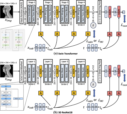 Two architecture diagrams show a Swin Transformer and a 3 D R e s N e t 1 8 pipeline integrating image input, tabular input, treatment input, adaptive normalisation, and loss paths.