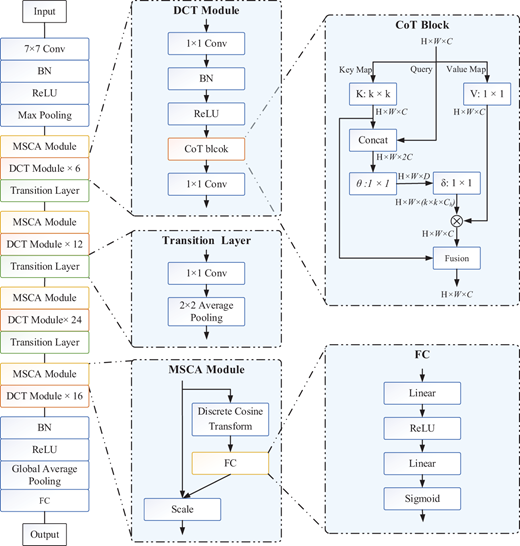 Network architecture with M S C A and D C T modules, Co T block, transition layers, and a final fully connected classifier.