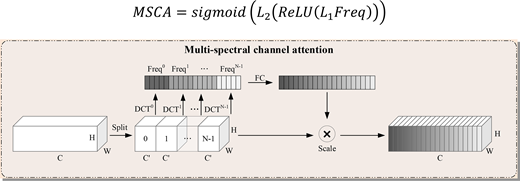 A multi-spectral channel attention showing D C T based frequency splitting, fully connected layers, and sigmoid scaling of feature maps.