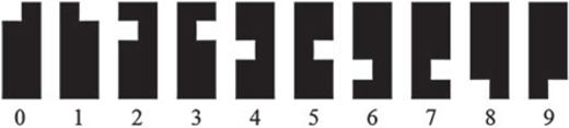 A row of ten distinct black-and-white geometric patterns, each representing a numerical digit from 0 to 9, used as machine-readable markers for measuring video delay.